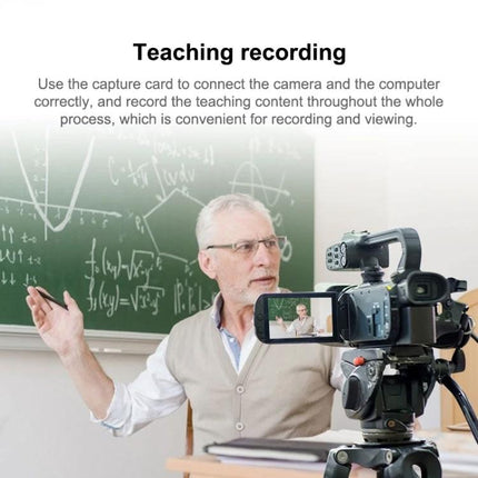 USB HDMI Video Capture Card for Computer and Smartphone Recording showing teacher recorded at chalkboard with camera and laptop