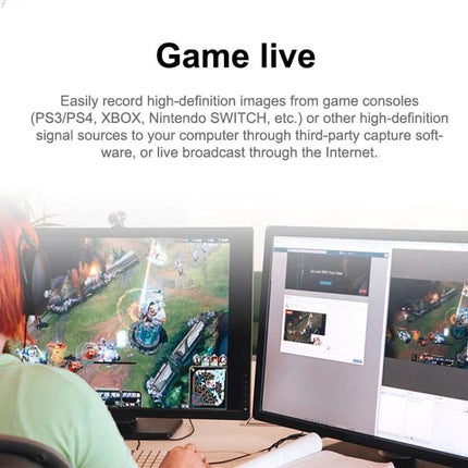 USB HDMI Video Capture Card for Computer and Smartphone Recording - gamer streaming dual-monitor setup capturing console gameplay with OBS