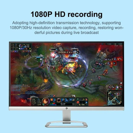 USB HDMI Video Capture Card for Computer and Smartphone Recording shown capturing 1080P HD gameplay on a monitor for streaming and recording