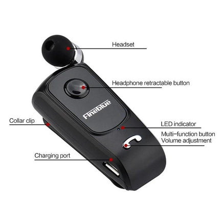Wireless Bluetooth Headset For Daily Calls And Commuting black retractable earbud with clip, LED indicator, charging port and controls