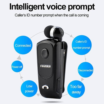 Wireless Bluetooth Headset For Daily Calls And Commuting black mono earbud with voice prompt caller ID and connectivity icons