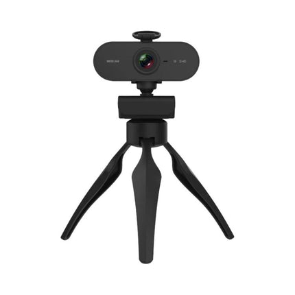 Rotatable 360-Degree Webcam for Video Calls with Microphone and Tripod on compact black tripod, front view showing lens and integrated microphone