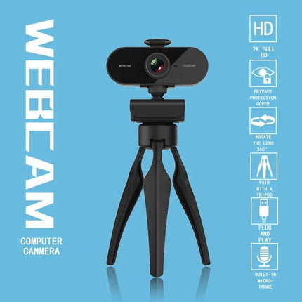 Rotatable 360-Degree Webcam for Video Calls with Microphone and Tripod on mini tripod showing lens and icons