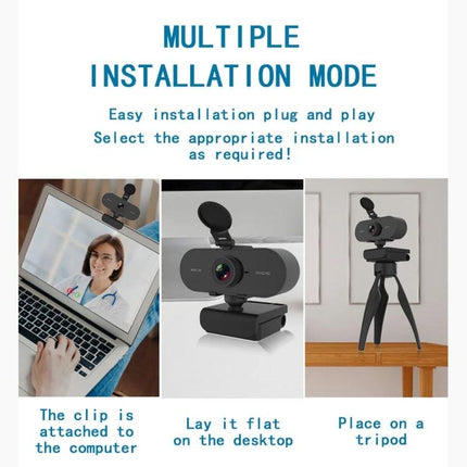 Rotatable 360-Degree Webcam for Video Calls with Microphone and Tripod showing clip, desktop and tripod installation modes
