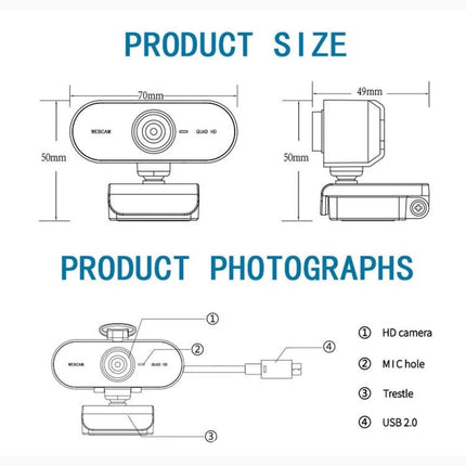 Rotatable 360-Degree Webcam for Video Calls with Microphone and Tripod technical diagram showing dimensions, HD camera, mic hole, trestle, and USB 2.0