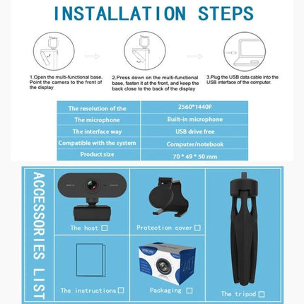 Rotatable 360-Degree Webcam for Video Calls with Microphone and Tripod installation steps, specs, accessories and tripod shown