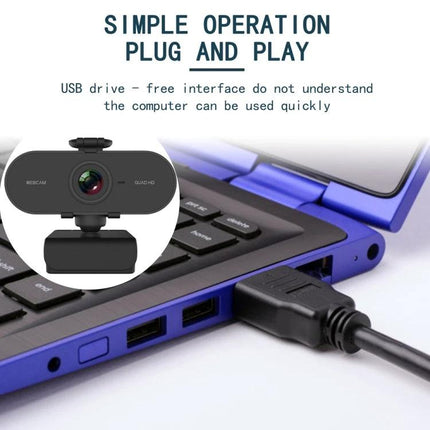 Rotatable 360-Degree Webcam for Video Calls with Microphone and Tripod plugged into laptop USB, showing rotatable camera and tripod base