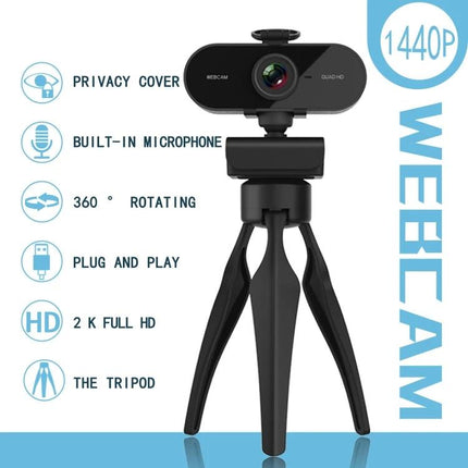Rotatable 360-Degree Webcam for Video Calls with Microphone and Tripod on tabletop tripod, built-in mic, privacy cover, 360° rotating, 1440P