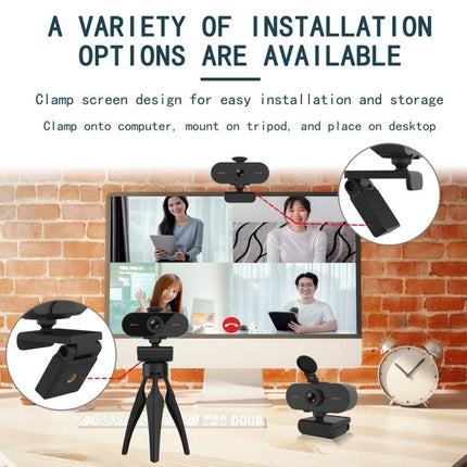 Rotatable 360-Degree Webcam for Video Calls with Microphone and Tripod shown mounted on monitor, tripod and desktop with video call examples