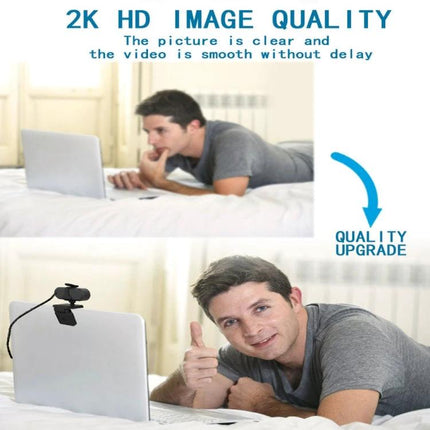 Rotatable 360-Degree Webcam for Video Calls with Microphone and Tripod showing user giving thumbs up during desktop video call, 2K HD image quality