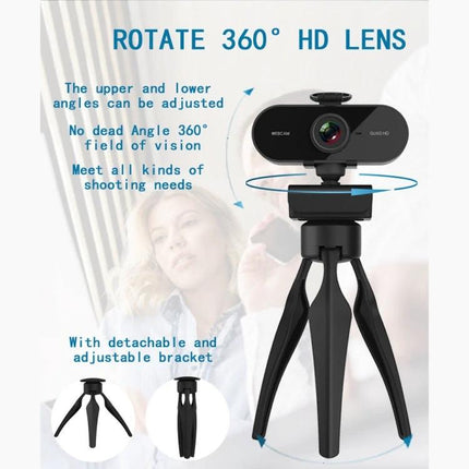 Rotatable 360-Degree Webcam for Video Calls with Microphone and Tripod showing HD lens on adjustable tripod and 360° rotation