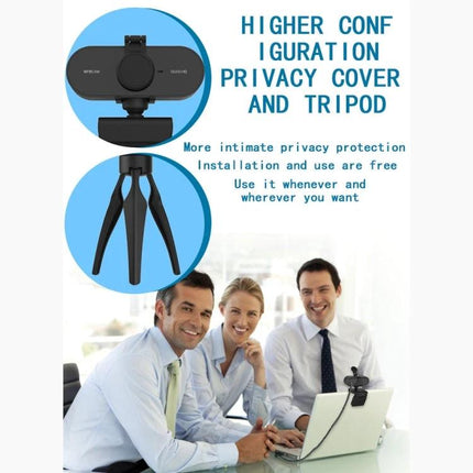 Rotatable 360-Degree Webcam for Video Calls with Microphone and Tripod showing privacy cover, tripod and people on a laptop video call