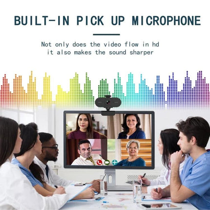 Rotatable 360-Degree Webcam for Video Calls with Microphone and Tripod showing group video conference with built-in microphone and tripod