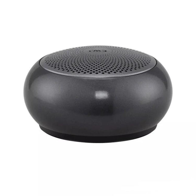 EWA Portable Bluetooth Speaker For Everyday Use With Water Resistant Mesh compact gray speaker with metal mesh and buttons