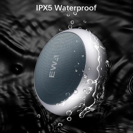 EWA Portable Bluetooth Speaker For Everyday Use With Water Resistant Mesh shown with IPX5 water splashes and metal mesh housing