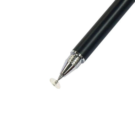Universal Capacitive Stylus Pen for Touch Screens and Tablets - black aluminum alloy pen with transparent disc tip for precision sketching and note-taking