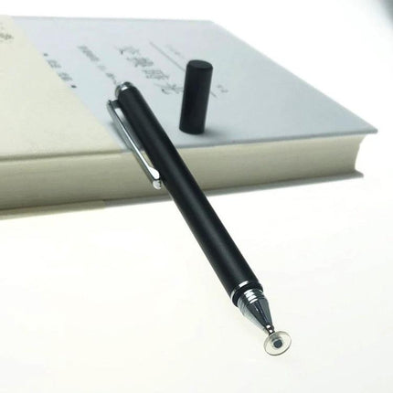 Universal Capacitive Stylus Pen for Touch Screens and Tablets - black aluminum alloy stylus with transparent disc tip for precise drawing and note-taking
