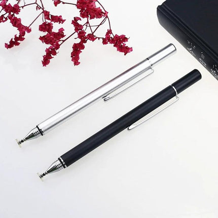 Universal Capacitive Stylus Pen for Touch Screens and Tablets - slim aluminum alloy stylus with transparent disc tip in silver and black