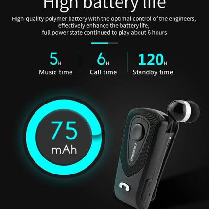 Retractable Bluetooth Headset For Hands Free Commuting silver F930 CSR4.1 6h call time 5h music 120h standby 75mAh battery