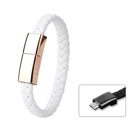 Wearable USB Bracelet for Everyday Device Charging in white braided PU leather with rose gold zinc clasp and Micro USB connector