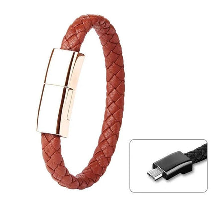 Wearable USB Bracelet for Everyday Device Charging - brown braided PU leather with zinc clasp and Micro USB connector