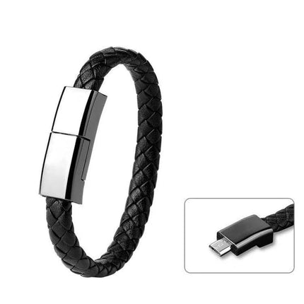 Wearable USB Bracelet for Everyday Device Charging - black braided PU leather with Micro USB charging clasp