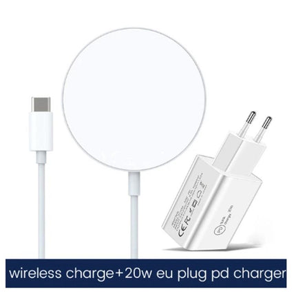 Convenient Travel Charger Set for Everyday Device Power - white wireless pad with USB-C cable and 20W EU plug for commute and coffee shop charging
