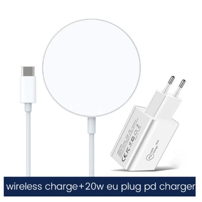 Convenient Travel Charger Set for Everyday Device Power - white wireless pad with USB-C cable and 20W EU plug for commute and coffee shop charging