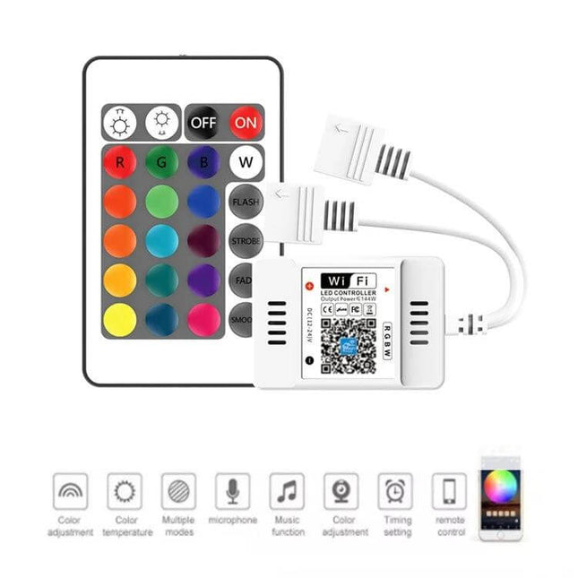 WiFi RGB LED Strip Controller With IR Remote For Home Lighting compact hub with handheld remote and connectors, white 53×24×11mm