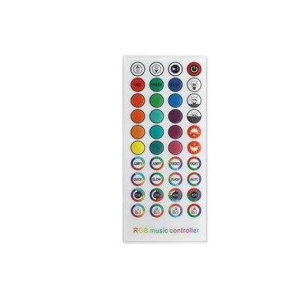WiFi RGB LED Strip Light Controller Alexa Compatible remote control showing color buttons, modes, and music-sync icons for smart LED strips