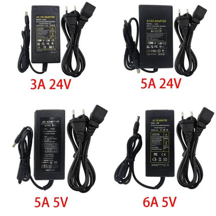 AC To DC Power Adapter For LED Strip Lights 60cm Cable showing 3A 24V, 5A 24V, 5A 5V and 6A 5V variants with power cords