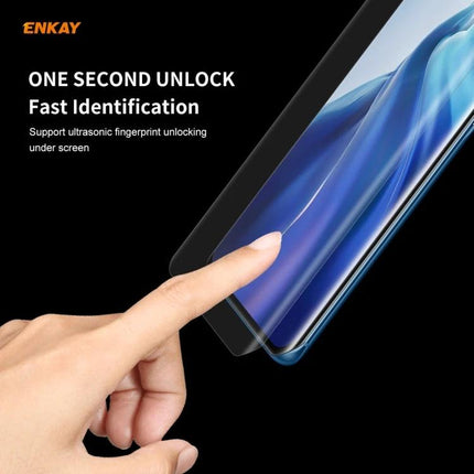 ENKAY Curved PET Screen Protector for Smartphone Daily Use showing fingertip unlocking phone with full-coverage PET film and clear touch response