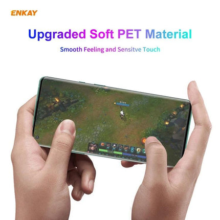 ENKAY Curved PET Screen Protector for Smartphone Daily Use showing hands holding curved-screen phone with clear display gaming view