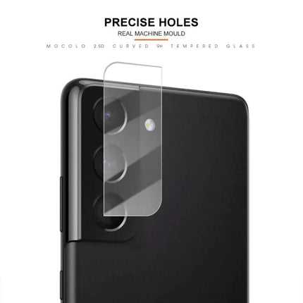 Mocolo Tempered Glass Camera Protector for Galaxy Series shown aligned over rear camera lenses on a Galaxy phone, clear precise cutouts and scratch-resistant glass