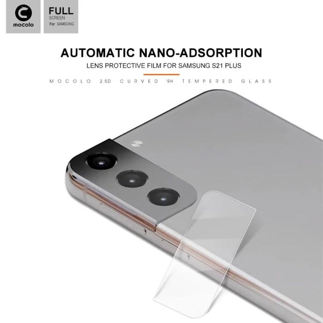 Mocolo Tempered Glass Camera Protector for Samsung Galaxy Series showing clear lens shield on Galaxy S21 camera