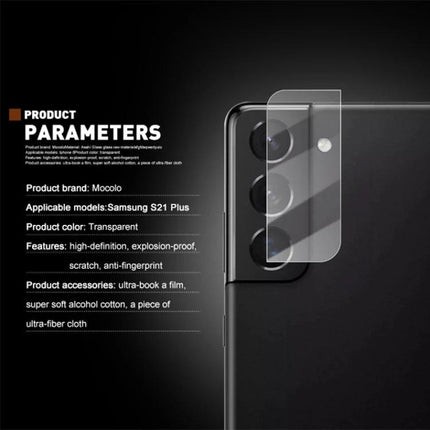 Mocolo Tempered Glass Camera Protector for Samsung Galaxy Series on Galaxy S21 Plus showing clear scratch‑resistant lens shield and slim profile