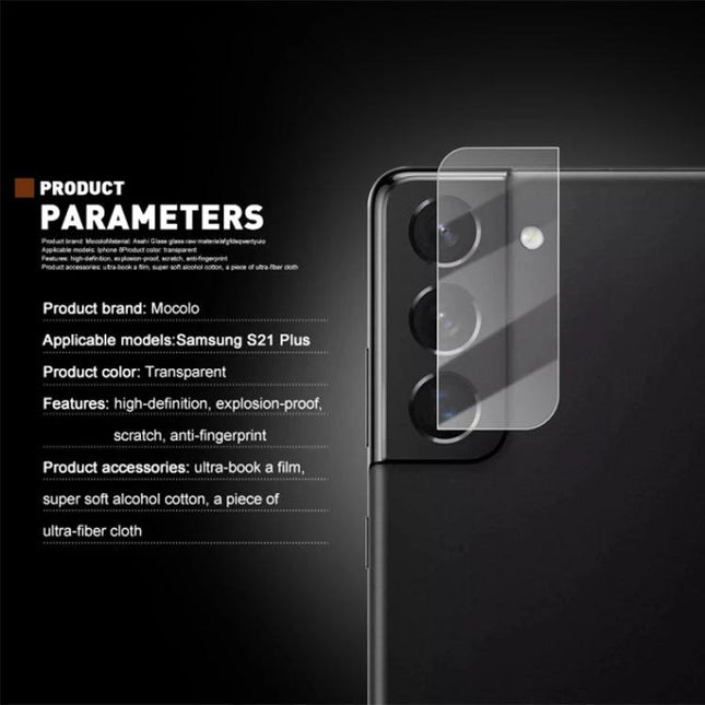 Mocolo Tempered Glass Camera Protector for Samsung Galaxy Series on Samsung S21 Plus showing transparent lens shield and product parameters