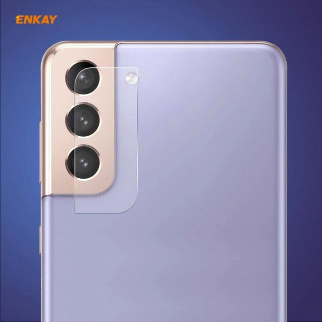 ENKAY Camera Lens Protector Tempered Glass for Samsung Galaxy rear camera lens protector on lavender phone showing clear tempered glass cover