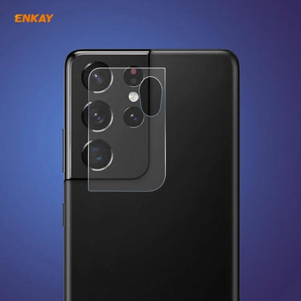 ENKAY Camera Lens Protector Tempered Glass for Samsung Galaxy rear camera tempered glass protector on black Galaxy S21 showing clear high-transparency shield