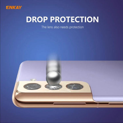 ENKAY Hat-Prince Camera Lens Protector for Samsung Galaxy S21 Series showing drop protection with cracked lens simulation and transparent guard