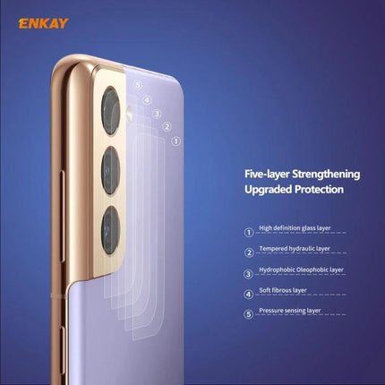 ENKAY Hat-Prince Tempered Glass Camera Lens Protector for Galaxy showing five-layer lens protection on Samsung Galaxy rear cameras