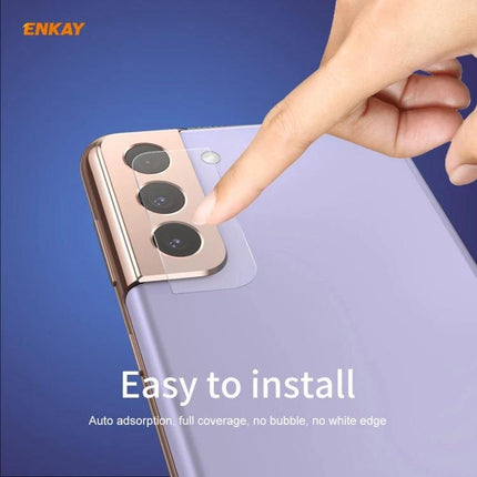 ENKAY Hat-Prince Tempered Glass Camera Lens Protector for Galaxy installed on Samsung Galaxy rear camera being touched to show easy installation