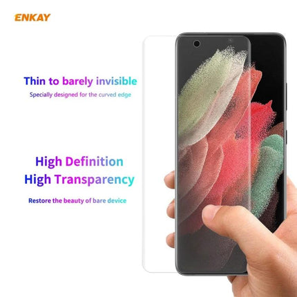 ENKAY Hat Prince Full Screen Protector for Samsung Galaxy Ultra showing clear PET screen guard on Galaxy S21 Ultra with high transparency and edge-to-edge fit