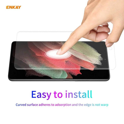 ENKAY Hat Prince Full Screen Protector for Samsung Galaxy Ultra showing PET edge-to-edge clear protector being installed on Galaxy S21 Ultra