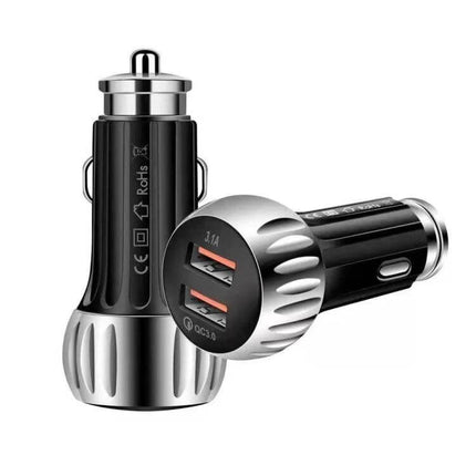 Dual Port USB Car Charger For Smartphones And Tablets In Car Use - compact 20W QC3.0 dual USB rapid car charger, black and silver