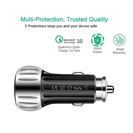 Dual Port USB Car Charger For Smartphones And Tablets In Car Use - compact QC3.0 20W dual-port cigarette-lighter charger, multi-protection, smart microchip
