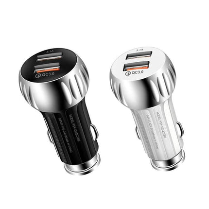 Dual Port USB Car Charger For Smartphones And Tablets In Car Use - compact QC3.0 dual-port 20W car charger in black and silver