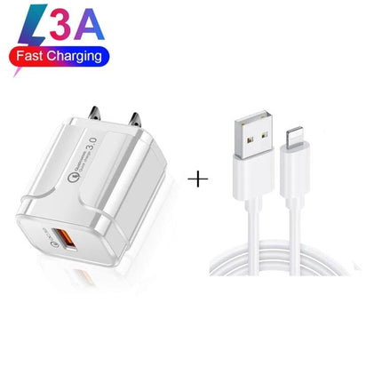 USB Travel Charger for Everyday Device Charging on the Go - compact white fast charger with USB-A port and matching USB to Lightning cable
