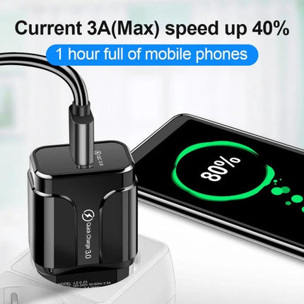 USB Travel Charger for Everyday Device Charging on the Go compact black USB charger charging a smartphone at 80% battery