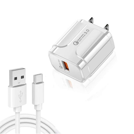 Essential Charger for Travel and Everyday Device Needs - compact white USB wall charger with USB-C cable, Quick Charge 3.0